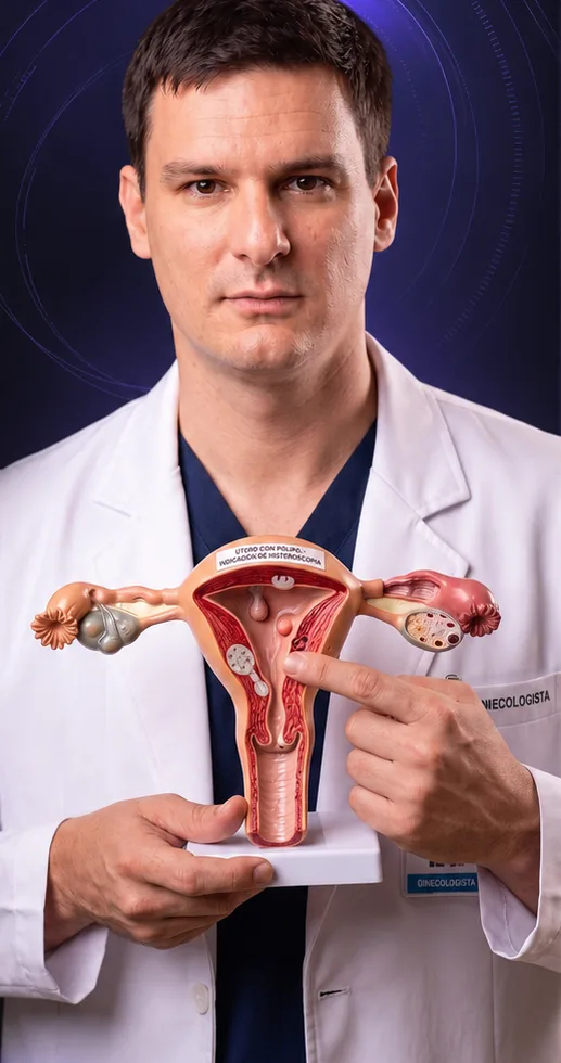 Prof. Bernardo Lasmar con modelo anatómico uterino