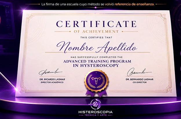Certificado de la Escuela Lasmar de Histeroscopia, firmado por el Dr. Ricardo Lasmar y el Dr. Bernardo Lasmar